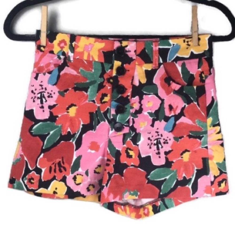 Zara Watercolor Floral Print High Waist Button Fly Textured Shorts Size XS